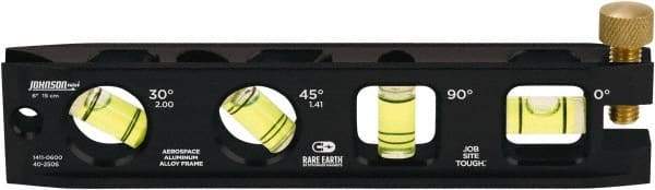 Johnson Level & Tool - Magnetic 6" Long 4 Vial Torpedo Level - Aluminum, Black, 1 30°, 1 45°, 1 Plumb & 1 Level Vial - All Tool & Supply