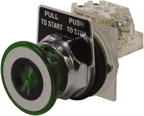 Schneider Electric - 30mm Mount Hole, Extended Straight, Pushbutton Switch with Contact Block - Green Pushbutton, Maintained (MA) - All Tool & Supply