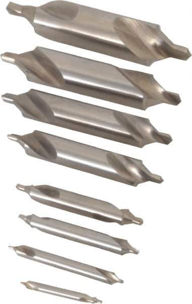 Chicago-Latrobe - 8 Piece, #11 to 18, 1/8 to 3/4" Body Diam, 3/64 to 1/4" Point Diam, Bell Edge, High Speed Steel Combo Drill & Countersink Set - 60° Incl Angle, 1/8 to 3-1/2" OAL, Double End, 217B Series Compatibility - All Tool & Supply