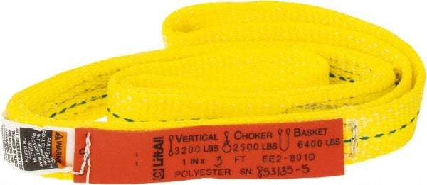 Lift-All - 3' Long x 1" Wide, 3,200 Lb Vertical Capacity, 2 Ply, Polyester Web Sling - 2,500 Lb Choker Capacity, Yellow - All Tool & Supply