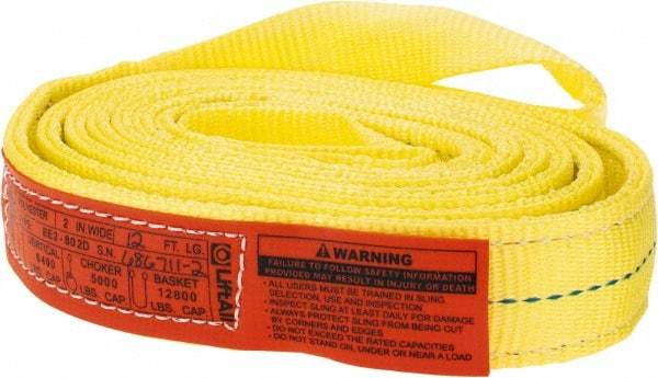 Lift-All - 12' Long x 2" Wide, 6,400 Lb Vertical Capacity, 2 Ply, Polyester Web Sling - 5,000 Lb Choker Capacity, Yellow - All Tool & Supply