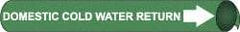 NMC - Pipe Marker with Domestic Cold Water Return Legend and Arrow Graphic - 3-3/8 to 4-1/2" Pipe Outside Diam, White on Green - All Tool & Supply