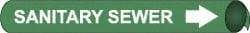 NMC - Pipe Marker with Sanitary Sewer Legend and Arrow Graphic - 3-3/8 to 4-1/2" Pipe Outside Diam, White on Green - All Tool & Supply