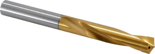 CJT - 37/64" 135° Spiral Flute Carbide-Tipped Screw Machine Drill Bit - TiN Finish, Right Hand Cut, 3-9/32" Flute Length, 5-11/16" OAL, Helical Point, Straight Shank, Through Coolant - All Tool & Supply