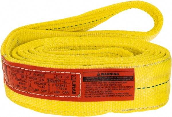 Lift-All - 12' Long x 3" Wide, 8,600 Lb Vertical Capacity, 2 Ply, Polyester Web Sling - 6,900 Lb Choker Capacity, Yellow - All Tool & Supply