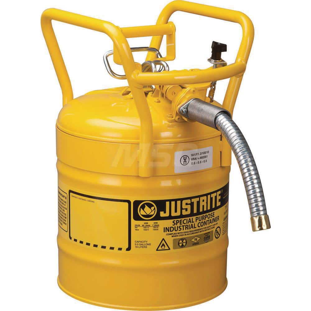 Justrite - Safety Dispensing Cans; Capacity: 5 Gal. ; Material: Steel ; Color: Yellow ; Height (Decimal Inch): 18.520000 ; Diameter/Length (mm): 11.75 ; Approval Listing/Regulations: FM Approved; DOT; UN - Exact Industrial Supply