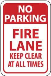 NMC - "No Parking - Fire Lane - Keep Clear at All Times", 12" Wide x 18" High, Aluminum Fire Lane Signs - 0.04" Thick, Red on White, Rectangle, Wall Mount - All Tool & Supply