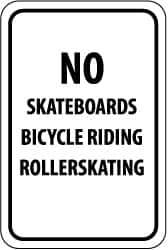 NMC - "No Skateboards Bicycle Riding Rollerskating", 12" Wide x 18" High, Aluminum Parking Lot Traffic Signs - 0.04" Thick, Black on White, Rectangle, Post Mount - All Tool & Supply