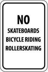 NMC - "No Skateboards Bicycle Riding Rollerskating", 12" Wide x 18" High, Aluminum Parking Lot Traffic Signs - 0.063" Thick, Black on White, Rectangle, Post Mount - All Tool & Supply