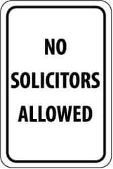 NMC - "No Solicitors Allowed", 12" Wide x 18" High, Aluminum Parking Lot Traffic Signs - 0.04" Thick, Black on White, Rectangle, Post Mount - All Tool & Supply