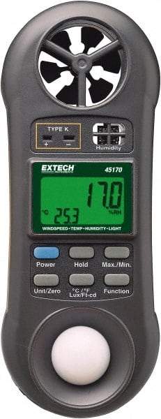 Extech - -148 to 2,372°F, 10 to 95% Humidity Range, Thermo-Hygrometer, Anemometer and Light Meter - 4% Relative Humidity Accuracy - All Tool & Supply