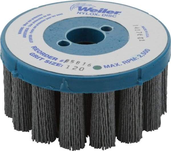 Weiler - 4" 120 Grit Silicon Carbide Crimped Disc Brush - Fine Grade, Plain Hole Connector, 1-1/2" Trim Length, 7/8" Arbor Hole - All Tool & Supply