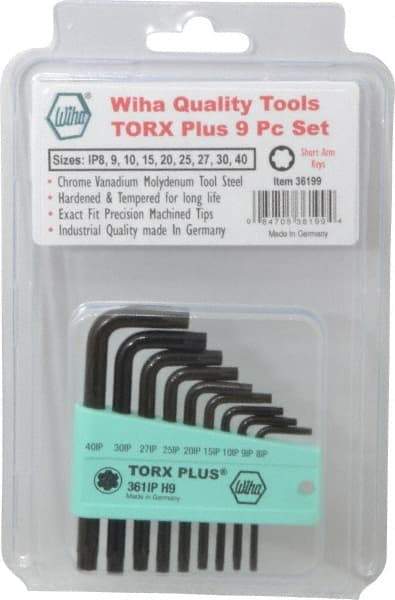 Wiha - 9 Piece IP8 to IP40 L-Key Short Arm Torx Plus Key Set - IP8, IP9, IP10, IP15, IP20, IP25, IP27, IP30, IP40 Torx Size - All Tool & Supply