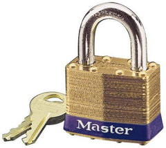 Master Lock - 15/16" Shackle Clearance, Keyed Different Laminated Brass Padlock - 5/16" Shackle Diam, Brass - All Tool & Supply