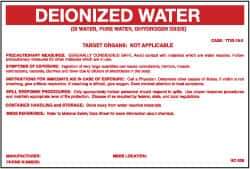 NMC - "Deionized Water", 3-1/4" Long x 5" Wide, Pressure-Sensitive Vinyl Safety Sign - Rectangle, 0.004" Thick, Use for Hazardous Materials - All Tool & Supply