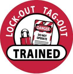 NMC - Lock-Out Tag-Out Trained, Hard Hat Label - Black & White on Red, 2" Thick, For Accident Prevention - All Tool & Supply