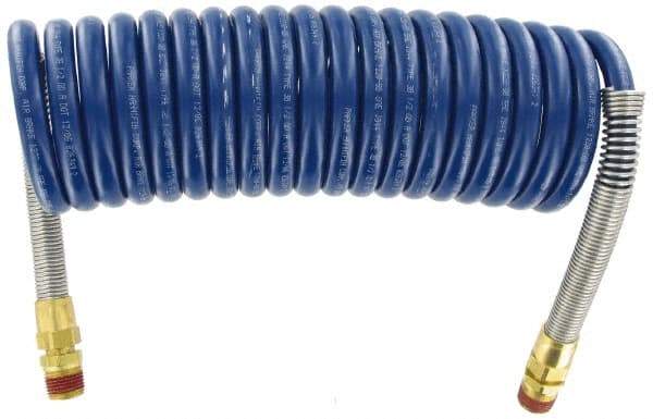 Parker - 3/8" ID, 1/2 x 1/2 Thread, 15' Long, Blue SAE J844 Type B Nylon Coiled & Self Storing Hose - 150 Max psi, Parker NTA Brass Fittings - All Tool & Supply