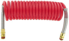 Parker - 3/8" ID, 1/2 x 1/2 Thread, 15' Long, Red SAE J844 Type B Nylon Coiled & Self Storing Hose - 150 Max psi, Parker NTA Brass Fittings - All Tool & Supply