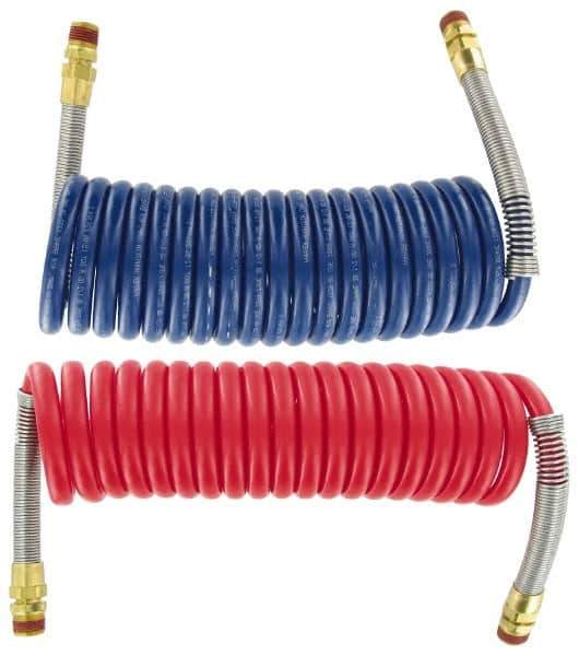 Parker - 3/8" ID, 1/2 x 1/2 Thread, 15' Long, (1) Red & (1) Blue SAE J844 Type B Nylon Coiled & Self Storing Hose - 150 Max psi, Parker NTA Brass Fittings - All Tool & Supply