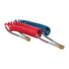 Parker - 3/8" ID, 1/2 x 1/2 Thread, 15' Long, (1) Red & (1) Blue SAE J844 Type B Nylon Coiled & Self Storing Hose - 150 Max psi, Parker NTA Brass Fittings - All Tool & Supply