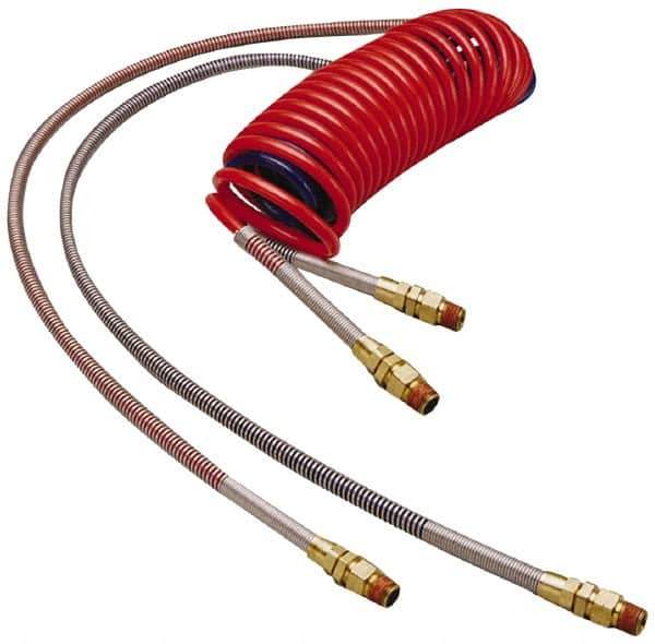 Parker - 3/8" ID, 1/2 x 1/2 Thread, 15' Long, (1) Red & (1) Blue SAE J844 Type B Nylon Coiled & Self Storing Hose - 150 Max psi, Parker NTA Brass Fittings - All Tool & Supply