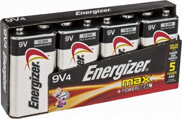 Energizer - Size 9V, Alkaline, 4 Pack, Standard Battery - 9 Volts, Miniature Snap Terminal, 6LR61, ANSI, IEC Regulated - All Tool & Supply