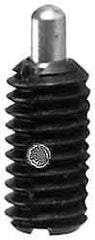 Jergens - 8-32, 1/2" Thread Length, 3/32" Plunger Projection, Steel Threaded Spring Plunger - 0.07" Max Plunger Diam, 1/2" Plunger Length, 0.5 Lb Init End Force, 2 Lb Final End Force - All Tool & Supply