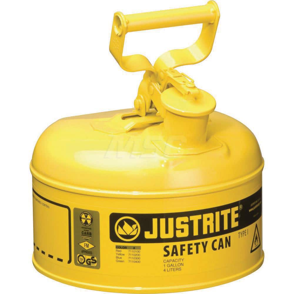 Justrite - Safety Dispensing Cans; Capacity: 1 Gal. ; Material: Steel ; Color: Yellow ; Height (Decimal Inch): 11.000000 ; Diameter/Length (mm): 9.50 ; Approval Listing/Regulations: FM Approved; UL; ULC; TUV - Exact Industrial Supply