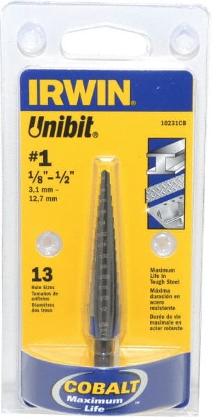 Irwin - 13 Hole Sizes, 1/8 to 1/2" Hole Diam Cobalt Speedpoint Step Drill Bit - All Tool & Supply