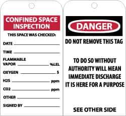 NMC - 3" High x 6" Long, CONFINED SPACE INSPECTION-THIS SPACE WAS CHECKED, English Safety & Facility Accident Prevention Tag - Tag Header: Danger, 2 Sides, Black & White Unrippable Vinyl - All Tool & Supply