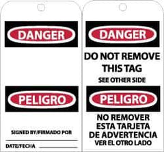 NMC - 3" High x 6" Long, DANGER - SIGNED BY___, English & Spanish Safety & Facility Accident Prevention Tag - Tag Header: Danger, 2 Sides, Black, Red & White Unrippable Vinyl - All Tool & Supply