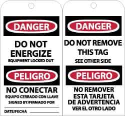 NMC - 3" High x 6" Long, DANGER - DO NOT ENERGIZE, English & Spanish Safety & Facility Accident Prevention Tag - Tag Header: Danger, 2 Sides, Black, Red & White Unrippable Vinyl - All Tool & Supply