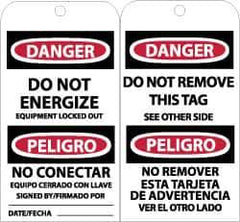 NMC - 3" High x 6" Long, DANGER - DO NOT ENERGIZE, English & Spanish Safety & Facility Accident Prevention Tag - Tag Header: Danger, 2 Sides, Black, Red & White Unrippable Vinyl - All Tool & Supply