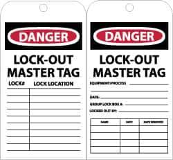 NMC - 3" High x 6" Long, DANGER - LOCKOUT MASTER TAG, English Safety & Facility Accident Prevention Tag - Tag Header: Danger, 2 Sides, Black, Red & White Unrippable Vinyl - All Tool & Supply