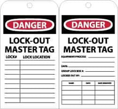 NMC - 3" High x 6" Long, DANGER - LOCKOUT MASTER TAG, English Safety & Facility Accident Prevention Tag - Tag Header: Danger, 2 Sides, Black, Red & White Unrippable Vinyl - All Tool & Supply