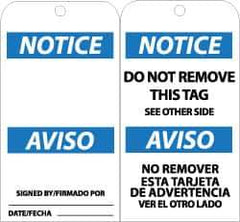 NMC - 3" High x 6" Long, Notice, English & Spanish Safety & Facility Accident Prevention Tag - Tag Header: Notice, 2 Sides, Black, White & Blue Unrippable Vinyl - All Tool & Supply