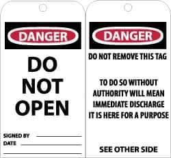 NMC - 3" High x 6" Long, DANGER - DO NOT OPEN, English Safety & Facility Accident Prevention Tag - Tag Header: Danger, 2 Sides, Black, Red & White Unrippable Vinyl - All Tool & Supply