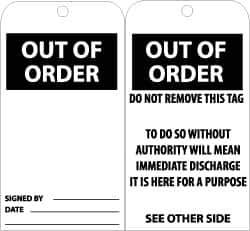 NMC - 3" High x 6" Long, OUT OF ORDER, English Safety & Facility Accident Prevention Tag - Tag Header: Danger, 2 Sides, Black & White Unrippable Vinyl - All Tool & Supply