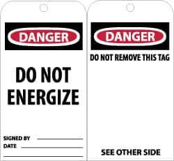 NMC - 3" High x 6" Long, DANGER - DO NOT ENTER, English Safety & Facility Accident Prevention Tag - Tag Header: Danger, 2 Sides, Black, Red & White Unrippable Vinyl - All Tool & Supply