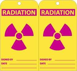 NMC - 3" High x 6" Long, RADIATION, English Safety & Facility Accident Prevention Tag - Tag Header: Warning, 2 Sides, Yellow & Red Unrippable Vinyl - All Tool & Supply