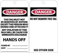 NMC - 3" High x 6" Long, DANGER - HANDS OFF, English Safety & Facility Accident Prevention Tag - Tag Header: Danger, 2 Sides, Black, Red & White Unrippable Vinyl - All Tool & Supply