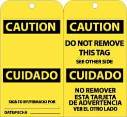 NMC - 3" High x 6" Long, CAUTION, English & Spanish Safety & Facility Accident Prevention Tag - Tag Header: CAUTION, 2 Sides, Black & Yellow Unrippable Vinyl - All Tool & Supply