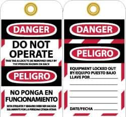 NMC - 3" High x 6" Long, DANGER - DO NOT OPERATE - THIS TAG & LOCK TO BE REMOVED ONLY BY THE PERSON SHOWN ON BACK, English & Spanish Safety & Facility Lockout Tag - Tag Header: Danger, 2 Sides, Black, Red & White Unrippable Vinyl - All Tool & Supply