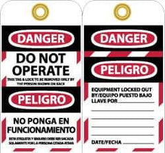 NMC - 3" High x 6" Long, DANGER - DO NOT OPERATE - EQUIPMENT TAG-OUT, English & Spanish Safety & Facility Lockout Tag - Tag Header: Danger, 2 Sides, Black, Red & White Unrippable Vinyl - All Tool & Supply