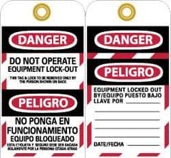 NMC - 3" High x 6" Long, DANGER - DO NOT OPERATE - EQUIPMENT LOCK-OUT - THIS TAG & LOCK TO BE REMOVED ONLY BY THE PERSON SHOWN ON BACK, English & Spanish Safety & Facility Lockout Tag - Tag Header: Danger, 2 Sides, Black, Red & White Unrippable Vinyl - All Tool & Supply