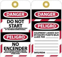 NMC - 3" High x 6" Long, DANGER - DO NOT START - THIS TAG & LOCK TO BE REMOVED ONLY BY THE PERSON SHOWN ON BACK, English & Spanish Safety & Facility Lockout Tag - Tag Header: Danger, 2 Sides, Black, Red & White Unrippable Vinyl - All Tool & Supply