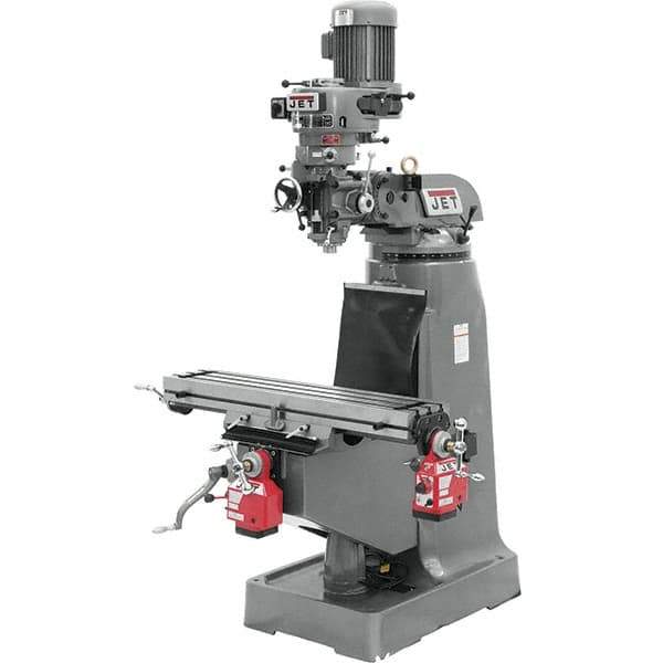 Jet - 9" Table Width x 42" Table Length, Step Pulley Control, 3 Phase Knee Milling Machine - R8 Spindle Taper, 2 hp - All Tool & Supply