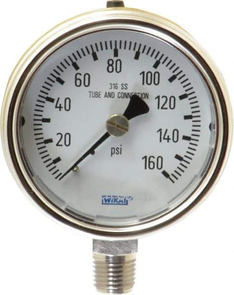 Wika - 2-1/2" Dial, 1/4 Thread, 0-160 Scale Range, Pressure Gauge - Lower Connection Mount, Accurate to 2-1-2% of Scale - All Tool & Supply