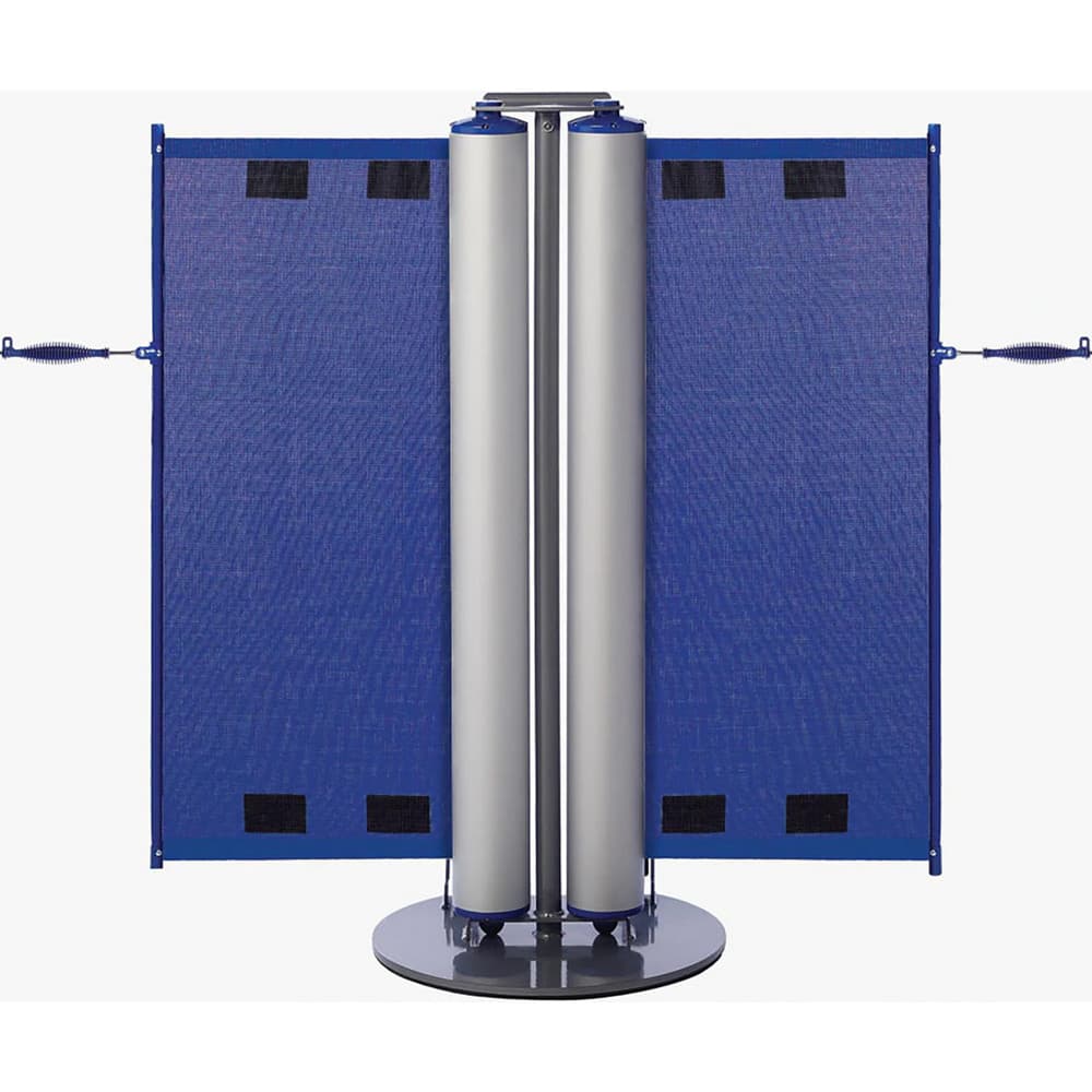 Barrier Parts & Accessories; Height (Inch): 43 in; Height (Decimal Inch): 43 in; Base Material: Powder Coated Steel; Color: Silver; Blue; Length (Feet): 14 ft; Belt Length: 14 ft; Overall Height: 43 in; Includes: Stanchion, two canisters and retractable b