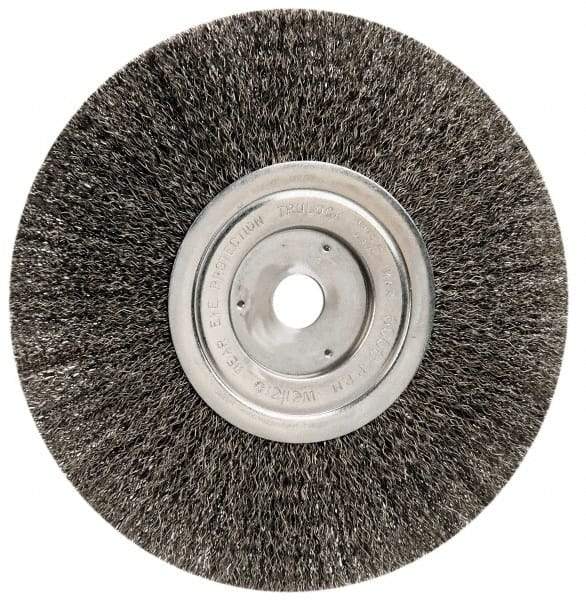 Weiler - 8" OD, 3/4" Arbor Hole, Crimped Steel Wheel Brush - 1/2" Face Width, 2-1/16" Trim Length, 0.014" Filament Diam, 6,000 RPM - All Tool & Supply